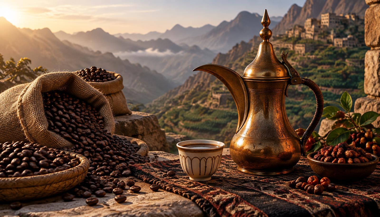 دلة قهوة نحاسية وحبوب بن محمصة